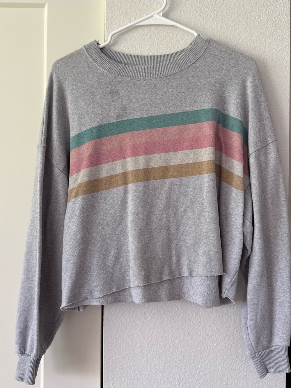 American Eagle Outfitters Gray Cropped Sweatshirt with Pink, Green & Tan Stripes
